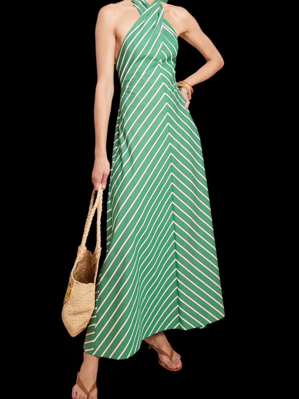 Few Moda o.p.t. Noelle Cotton Dress Striped Green Halter Open Back